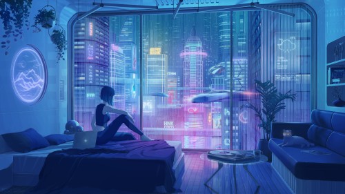 women, sitting, Anastasia Ermakova, women indoors, in bed, digital art, artwork, illustration, room, indoors, environment, interior, bed, futuristic, window, building, science fiction, cyberpunk, city, laptop, animals, cats, pillow, couch, table | 1920x1080 Wallpaper